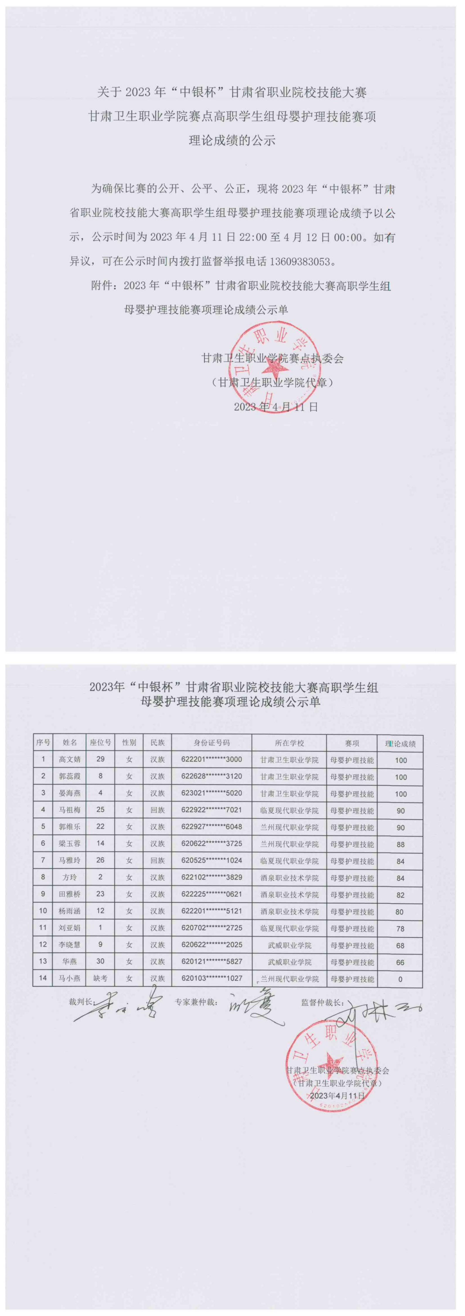 02关于2023年“中银杯”甘肃省职业院校技能大赛99905新莆京赛点高职学生组母婴护理技能赛项理论成绩的公示.png