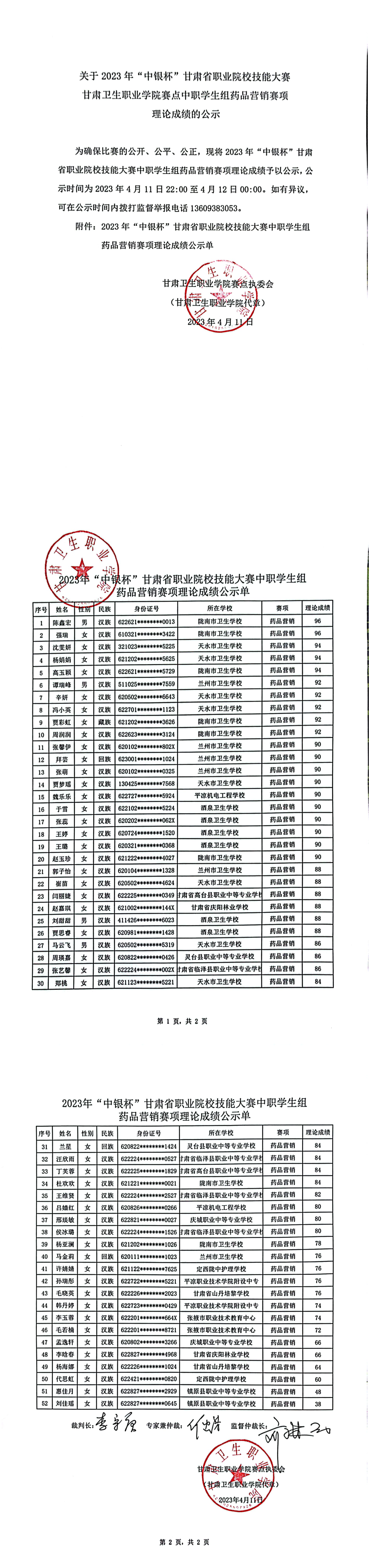 04关于2023年“中银杯”甘肃省职业院校技能大赛99905新莆京赛点中职学生组药品营销赛项理论成绩的公示_00.png
