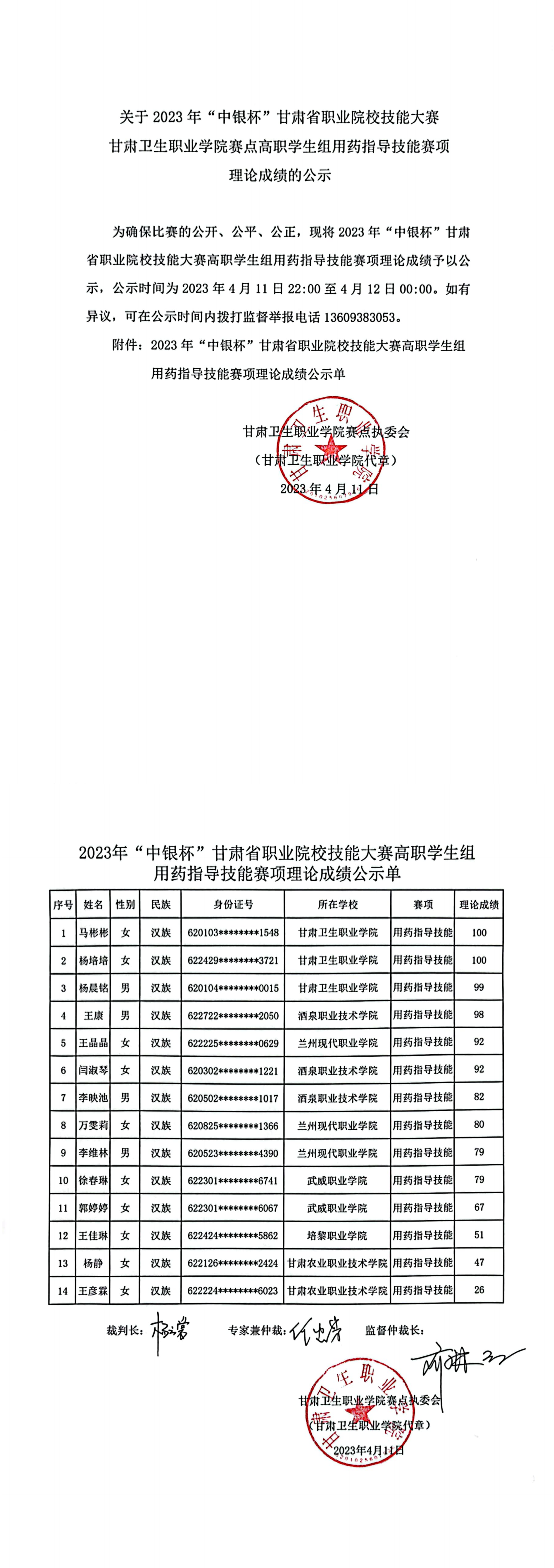 05关于2023年“中银杯”甘肃省职业院校技能大赛99905新莆京赛点高职学生组用药指导技能赛项理论成绩的公示_00.png